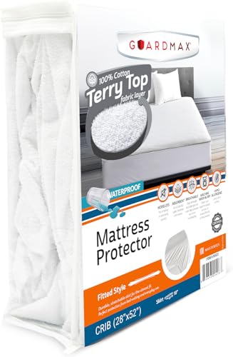 Image of Guardmax Terry Cotton Crib Size Mattress Protector - Waterproof & Dust Mite Proof Mattress Cover with Stretchable Pockets - Soft, Comfortable, & Noiseless Waterproof Fitted Sheet.(28 x 52 x 7)