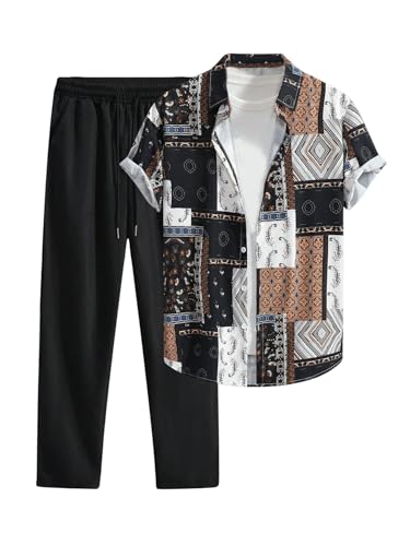 Men's 2 Piece Outfit Paisley Button Down Shirts and Drawstring Waist Pants Tracksuits