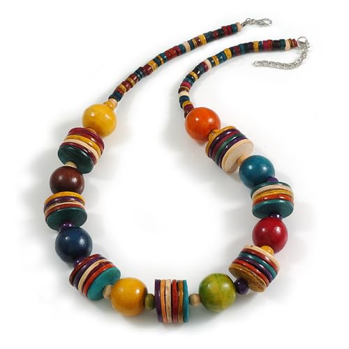Collier de perles en bois multicolore fait à la main - Longueur 61 cm ajustable