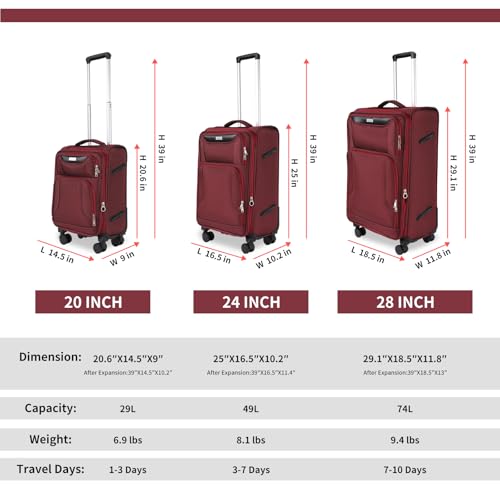 3-Piece Softside Expandable Luggage Set with Front Open Pocket, Lightweight and Durable Oxford Fabric Suitcase Set with TSA Lock (Burgundy Wine Red, 20in/24in/28in)2