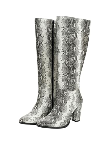 Image of Theater Women Nagini Knee-High Snake Print Boots | Chunky Block Heel & Pointed Toe | Stylish, Trendy, Comfortable Boots for Party, Casual & Fashion Wear