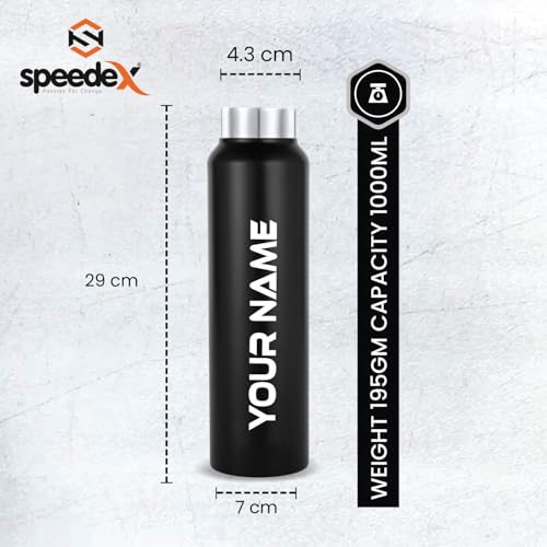 Image of Speedex Customised Stainless Steel Water Bottle 1 Ltr with Name - Personalised Engraved Screw Cap Bottle for Kids, Men & Women, School, Gym, Office Black, Set of 1