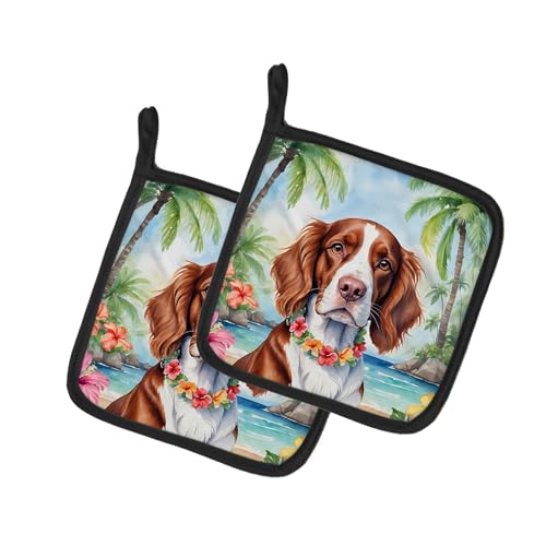 Caroline's Treasures Welsh Springer Spaniel Luau Pair of Pot Holders Kitchen Heat Resistant Pot Holders Sets Oven Hot Pads for Cooking Baking BBQ, 7 1/2 x 7 1/2