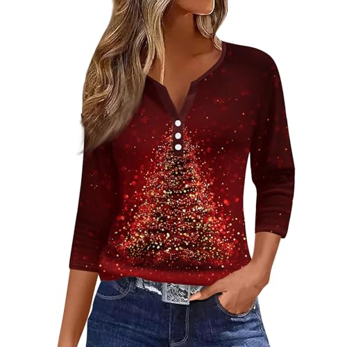 Image of Women Christmas Shirt 3 /4 Length Sleeve Henley Tops Xmas Outfits