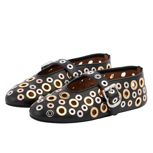Fashion Buckle Ballet Flats Women's Delicate Metal Buckle with Rivet Holes Mary Jane Comfort Flats