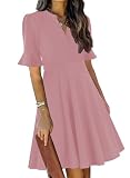 Mokayee Womens Summer Dresses 2024 Pink Short Ruffle Sleeve V-Neck Fit and Flare Aline Cute Cocktail Sunday Church Classy Elegant Petite Dinner Business Casual Interview Work Dress with Pockets L