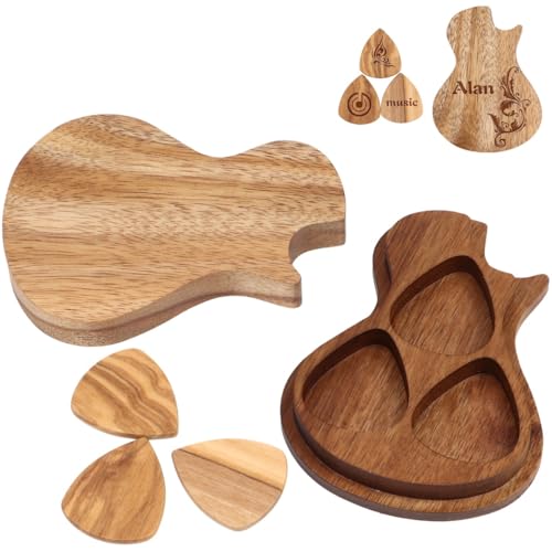 Púa de guitarra de madera, regalo personalizado de guitarra de madera para guitarrista, papá, novio, soporte de caja, 3 púas de guitarra con soporte para púas de guitarra