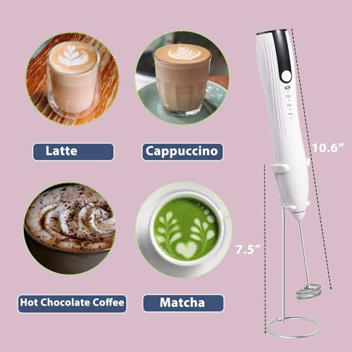 Image of Rechargeable Milk Frother Handheld with Stand, Coffee Foam Frother Wand, Detachable Stainless Steel Whisk Drink Mixer for Coffee, Cappuccino, Lattes, Frappe, Matcha,Egg and Hot Chocolate, White