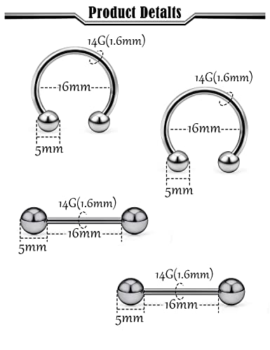 16G 14G G23 Titanium Nipple Piercing Jewelry Tongue Rings Hypoallergenic Horseshoe Captive Bead Tongue Nipple Ring Nipplerings Barbells Hoops Rings Piercing Jewelry for Women Men 14MM 3 Pairs2
