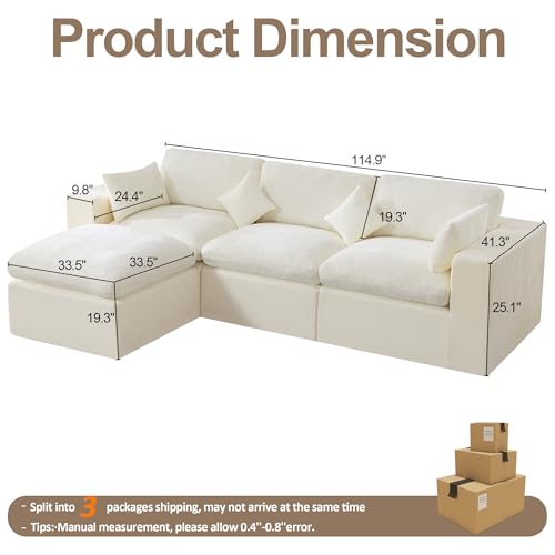 Image of 115''Cloud Boneless Sectional Couch, Modular Sectional Sofa Deep Seat with Ottoman, Oversized Upholstered Convertible Comfy 4 Seater Chenille Sofa L Shape Couches for Living Room, Beige