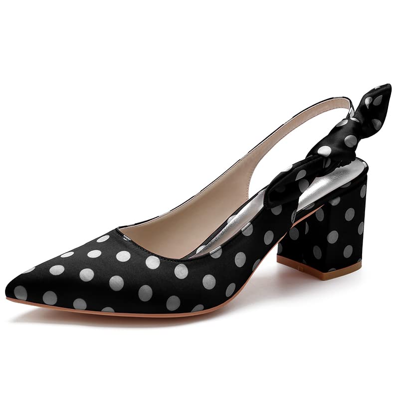 Women's Polka Dot Simulated Silk Chunky High Heels Sandals Comfy Pointed Toe Open Back Strappy Heeled 2.4