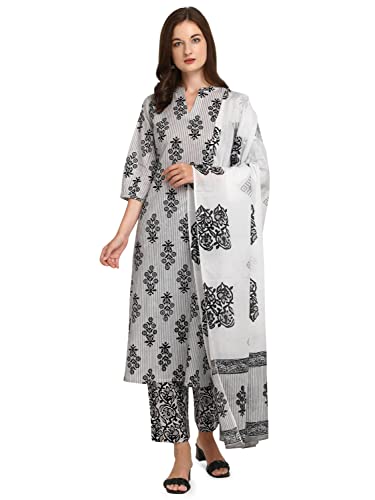 Image of FIORRA Women's White Pure Cotton Kurta with Pant and Dupatta