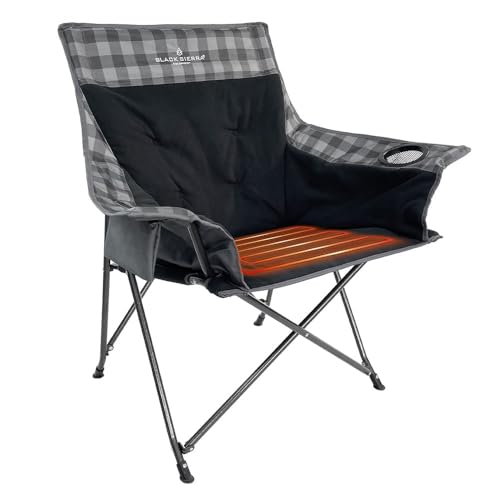 Black Sierra Heated Camping Chair with Battery – XL Fleece Foldable Seat, 3 Heat Settings, Heavy-Duty Steel Frame Supports 300 lbs – Portable, Lightweight for Camping, Sports, Patio, Events