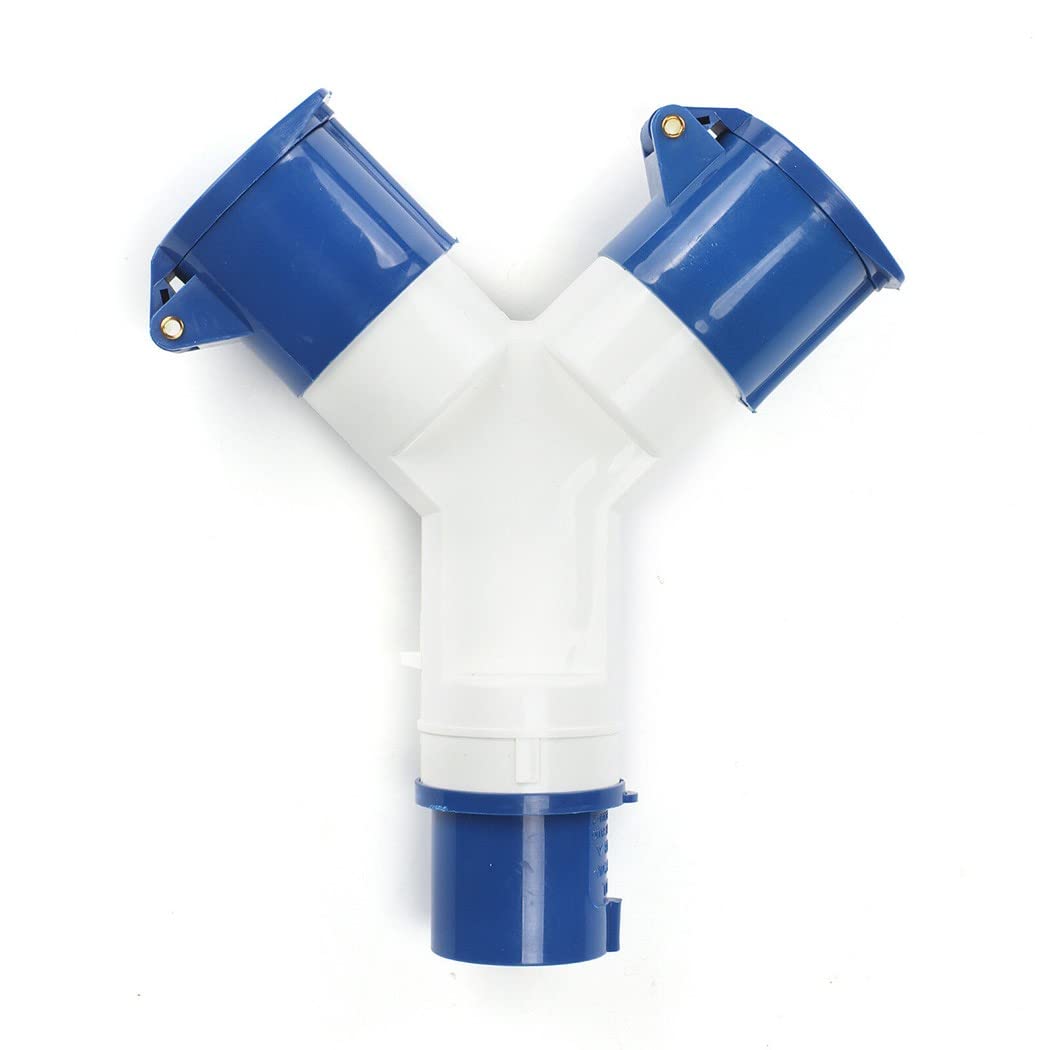 NC 2 Way 16 Amp Splitter 220-250V Electric Mains Hook Up Adaptor Splitter Caravans Camping, Blue + White