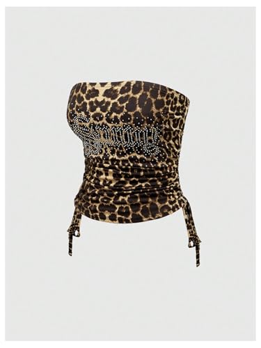 Image of RoseSeek Women's 2 Piece Outfits Rhinestone Leopard Tube Tops & Side Drawstring Bell Bottoms Y2k Outfit