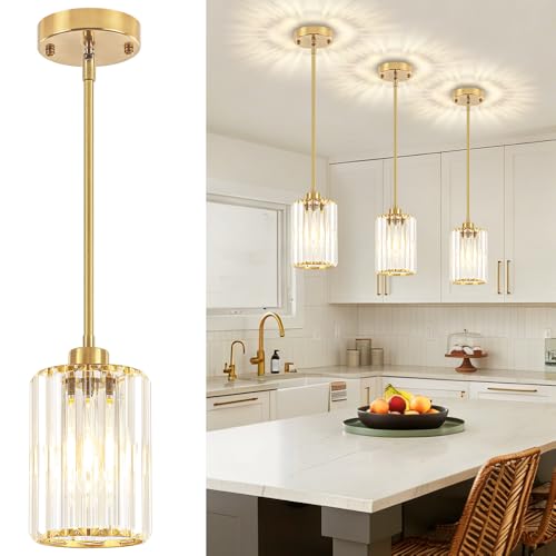 Modern Crystal Pendant Lights Kitchen Island, Brushed Brass Pendant Lighting Over Island Kitchen Hanging Light Fixtures Adjustable Mini Pendant Light for Dining Room Bathroom Entryway Hallway Foyer
