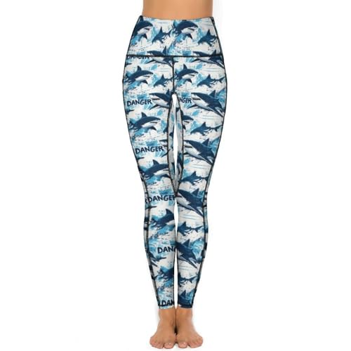 Blue Cool Shark Print Leggings for Women - High Waisted Yoga Pants Gym Workout Leggings with Pockets3