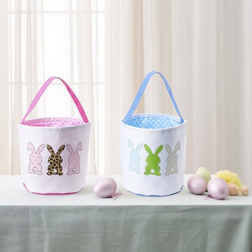 Image of Canvas Easter Basket Easter Bucket for Egg Hunts Easter Eggs Easter gifts Easter Treats (Pink Style 2)