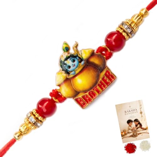 Image of Cartoon Kanha Bal Krishna and Car Rakhi for Baby /Kids Brother /Sister | Combo for Kids | Rakhi with Greeting Card & Roli Chawal