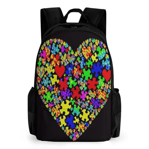 Autism Awareness Puzzle Heart Backpack Polyester Multipurpose Anti-Theft Shoulder Bag Big Capacity Gym Outdoor Hiking Backpack With Padded Straps