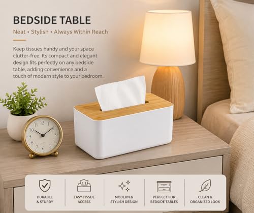 Image of Tissue Box, White with Wooden Color Cover