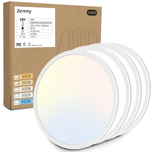 zemty - 4 Pack 12 Inch LED Flush Mount Ceiling Light Fixtures, Zemty 24W 2640lm LED Ceiling Light, 3000K/3500K/4000K/5000K/6500K 5 Color Temperatures Selectable for Bedroom Kitchen Dining Room (White)
