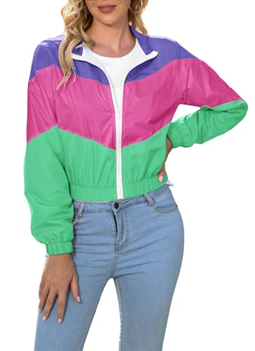 LAOARA Jaqueta esportiva feminina leve corta-vento com zíper e bloco de cores, casual, manga comprid