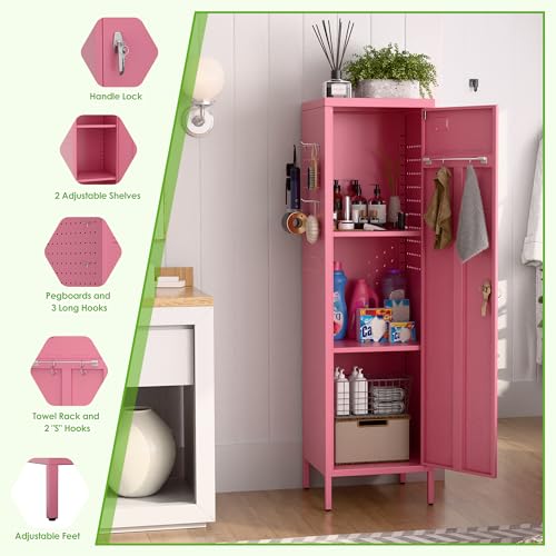 Image of Aobabo 54 inch H Pink Metal Lockers, Storage Locker Cabinet with Lockable 1 Door and Towel Rack and 2 Side Pegboards with Hooks for Home School Office, Assembly Required