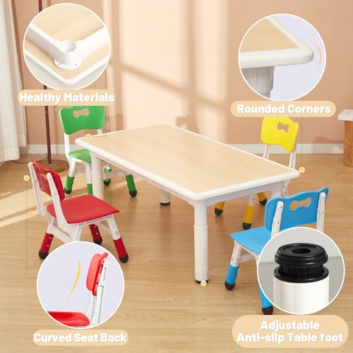 FUNLIO-Kids-Table-and-4-Chairs-Set-for-Ages-3-8-Height-Adjustable-Toddler-Table-and-Chair-Set-Easy-to-Wipe-Arts-Crafts-Table-for-ClassroomsDaycaresHomes-CPC-CE-Approved5-pcs-Set-Multicolor FUNLIO Kids Table and 4 Chairs Set for Ages 3 8 Height Adjustable Toddler Table and Chair Set Easy to Wipe Arts Crafts Table for ClassroomsDaycaresHomes CPC CE Approved5 pcs Set Multicolor