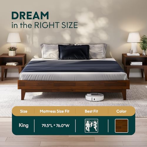 Image of Bme Catherine King Platform Bed Frame, Modern Bed Frame Without Headboard, Wooden Low Profile Bed Frame, Acacia Platform Bed Frame King, No Box Spring Needed, Supports up to 800lbs - Dark Chocolate