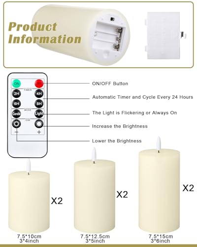 Image of Leelosp 6 Pack Flameless Candles with Remote Timer, Battery Operated Flickering Flameless Candles Bulk Flat Top Pillar LED for Wedding Festival Outdoor Home Decor D 3'' H 4'' 5'' 6'' (Ivory White)