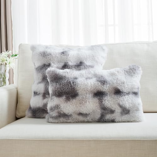 FUTEI Grey White Decorative Throw Pillow Covers 18x18 Inch Set of 2,Soft Fuzzy Faux Rabbit Fur Cushion Covers with Raised Texture,Neutral Boho Home Decor for Couch Bed Living Room