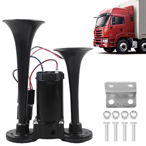 Cuerno camión 12V bocina aire bocina bocina de camiones bocina coche super potente doble tubo aire cuerno kit trompeta con compresor, para camiones de coche 12V motocicletas coche Etc