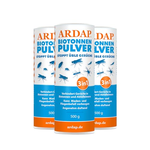 ARDAP Biotonnenpulver 3 x 500g - Anti Maden Biotonne - Mülltonnen Pulver - Gegen Fliegen, Maden, Ungeziefer & üble Gerüche - Für ca. 600l Bio Abfall - Stoppt üble Gerüche, biologisch abbaubar