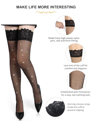 Image of ohyeahlady Womens Rhinestone Fishnets Thigh High Stockings Plus Size Lace Top Sparkle Tights