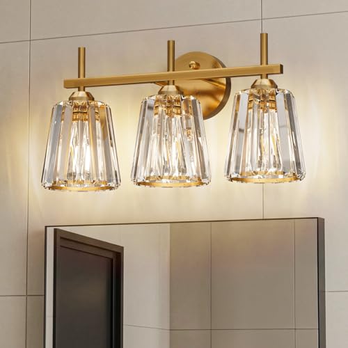 Image of Crystal Bathroom Light Fixtures Over Mirror, Gold 3-Light Bathroom Vanity Lights Over Mirror Modern Wall Lighting Sconces with Ceramic E26 Base (Bulbs Not Include)