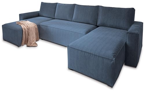 Masseno Ecksofa ASPRA mit Schlaffunktion U-Form, Sofa mit Bettkasten, Wohnzimmersofa, Couch, Soffa, Bettsofa, Couchgarnitur- Blau, POSO 05