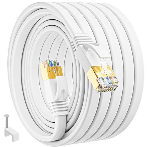 Cable Ethernet Cat 7 de 30 Metros, FTP Blindado para Exterior e Interior, Rj45 Plano, Red Lan Network, Wifi Gigabit 10000Mbps Alta Velocidad, Blanco, para Enrutador