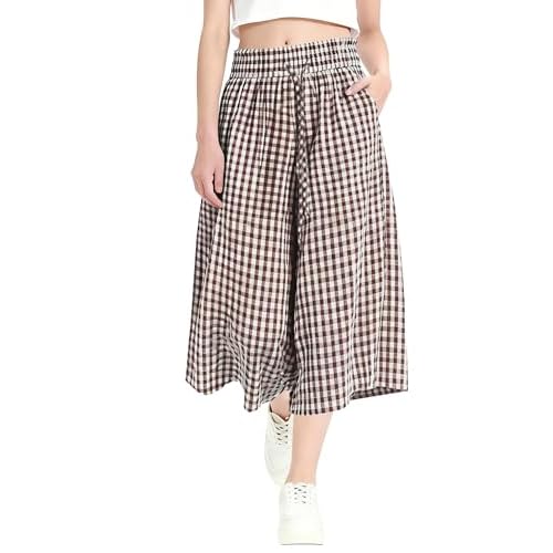Rapbin Wide Leg Capri Pants for Women Gingham Striped Culottes Flowy Elastic Waist Cropped Palazzo Pants with Pockets Coffee White Plaid XX-Large