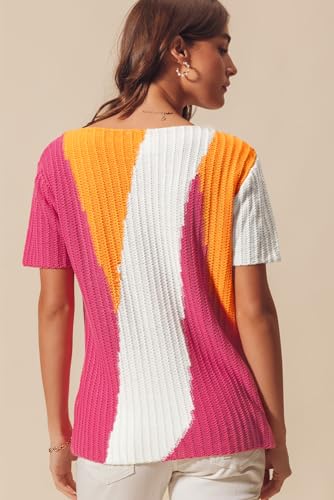 Fashionable Short Sleeve Sweater with Colorblock Design and Textured Fabric3