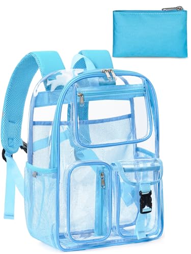 Image of Heavy Duty Clear Backpack For School, 17 Inch Clear Bookbag For Kids Boys Girls Women Men, Large See Through Backpack With An Extra Pouch Accessories, Multi-Pockets Tranparent Bag, Light Blue