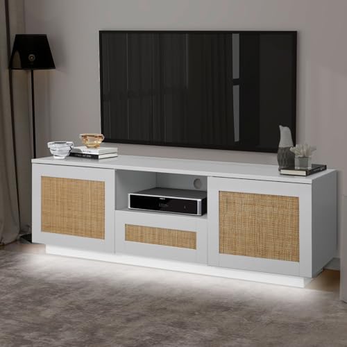 ENSTVER 59\" TV Stand with LED Lights for TVs up to 65 inches, Boho TV Console with 2 Rattan Doors&1 Drawer, Media Entertainment Center with Cabinet&Open Storage for Living Room