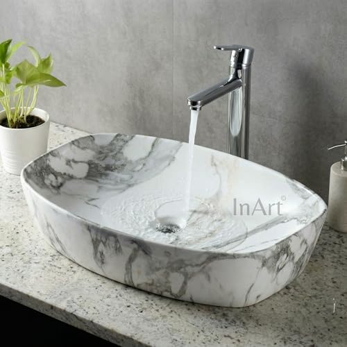 Image of Inart Ceramic Counter Top Wash Basin in Matt White Grey - Modern Design for Bathroom, Kitchen, Living Room - 60x37x13.5 cm (White Marble 5)