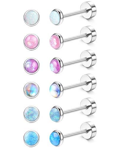 FIBO STEEL G23 Titanium Flat Back Earrings for Women Men Hypoallergenic Opal CZ Ball Tiny Studs Earrings Set for Multiple Piercings Cartilage Helix Tragus Flatback Earrings 6 Pairs 2mm/4mm