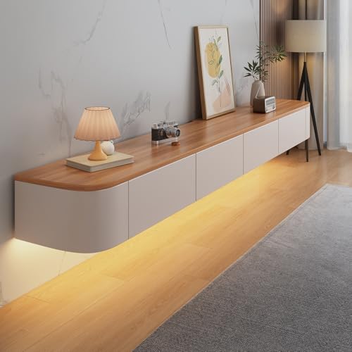 Image of Floating TV Stand Wall Mounted - Wall Entertainment Center with Flip-Down Doors & Drawers, Modern Hanging TV Shelf for Living Room, Media Console for 65 /75 80 Inch TVs (White+Wood- B, 78.7IN /200CM)