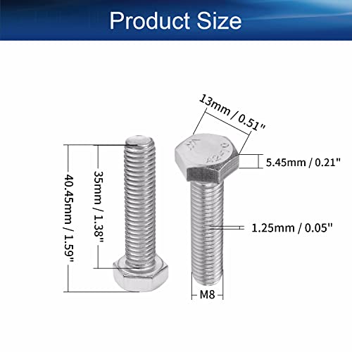 Image of Bettomshin 20Pcs M8 x 35mm Hex Bolts, 304 Stainless Steel 1.25mm Thread Pitch Fully Threaded Metric Hex Head Screw Bolts, Hexagon Screw Bolt, Hex Tap Bolts, Silver (Overall Size 40.45x13x13mm)