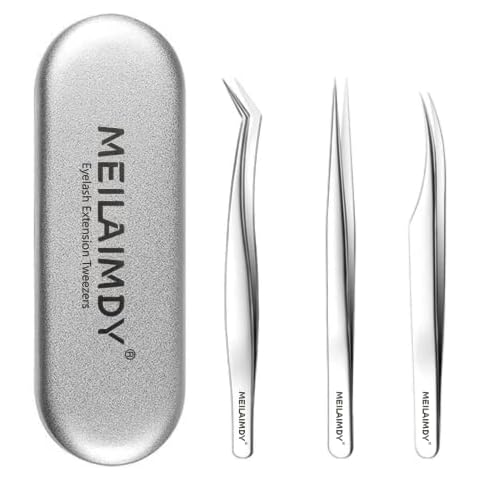 MEILAIMDY Tweezers for Eyelash Extension Professional Straight | Curvy | Pointed Edge Tweezers Stainless Steel Precision False Lash Tweezers Set 3 Pcs (Silver) Cover