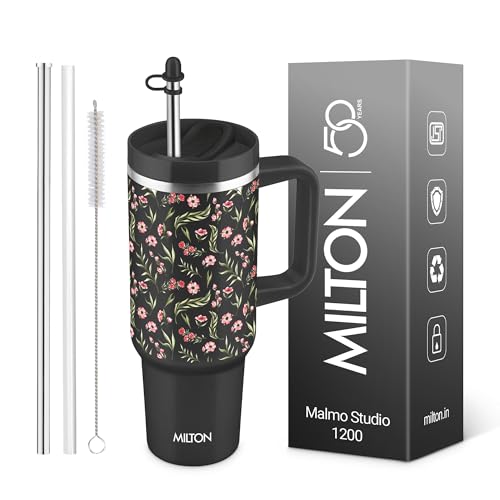 Image of MILTON Malmo 1200 Thermosteel Double Wall Vacuum Insulated Stainless Steel Tumbler with Handle 1100ml, Travel Mug with Straw,Silicon Cap,Cleaning Brush,Hot & Cold Beverage Flask,Floral Black