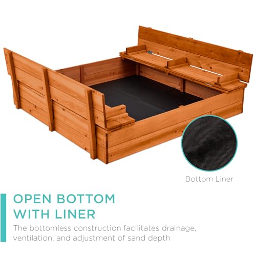 Image of Best Choice Products Large Outdoor Wooden Sand Box for Kids, Sandbox with Cover, Bench Seats Support up to 220 lbs, Bottom Liner for Drainage, Cedar Wood - Brown
