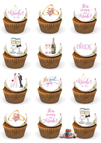 Bride to Be Edible Cupcake Toppers Wedding Cupcake Decorations I Do Love Heart Ring Cupcake for Wedding Engagement Bridal Shower Party Hen do Cake Decoration 24 Precut Edible Wafer Card